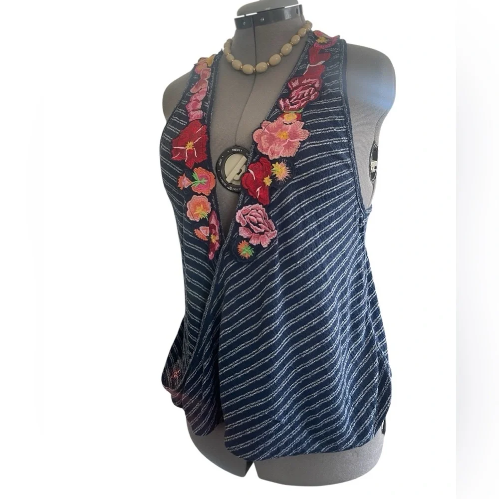 Free People Frida Embroidered Wrap Tank Top Large Blue Stripe Hi Lo - Picture 4 of 6